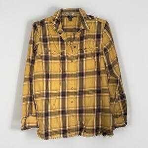 Eddie Bauer Womens L  Yellow Snap-Front Fremont Plaid Flannel Shirt Frayed Hem